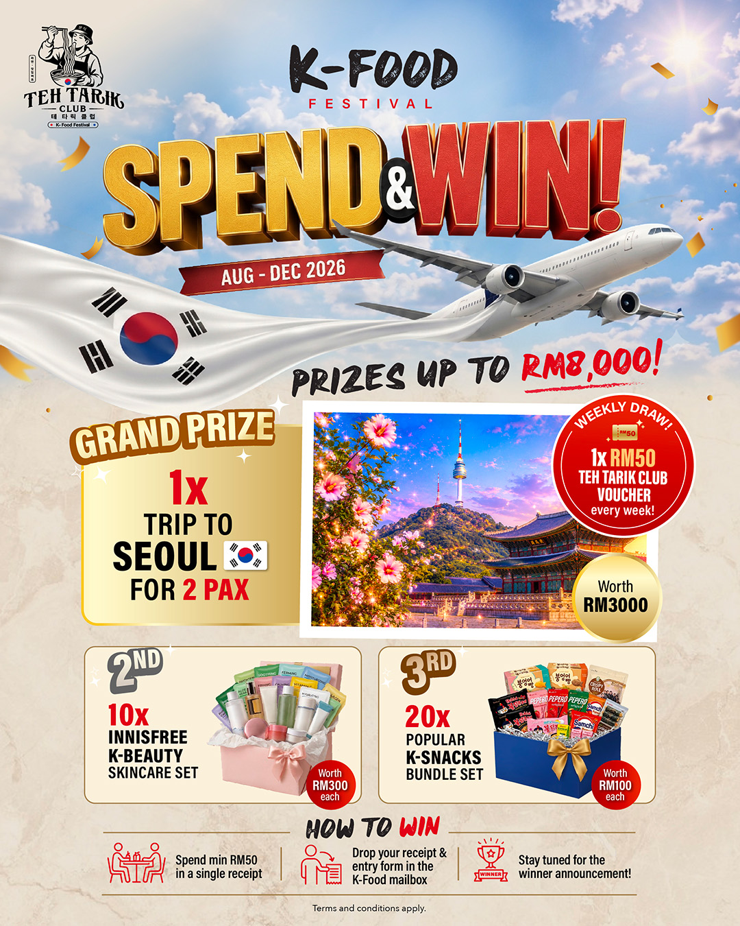 Teh Tarik Club K-Food Festival Spend and Win contest poster featuring a trip to Seoul and weekly prizes